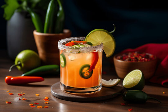 Spicy margarita cocktail, garnished with jalapeño pepper and a salt rim generative ai