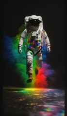 Fototapeta premium Rainbow colors. Astronaut that is in space suit. Beautiful illustration picture. Generative AI