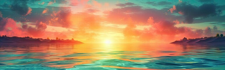 Naklejka na ściany i meble Panoramic image of the sunset or the sunrise on a beautiful lake. Generative AI