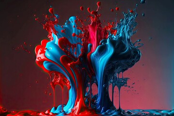 bright red and blue flowing and splashing paint, created with generative ai