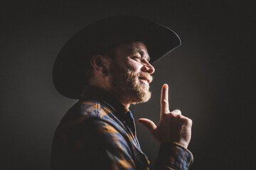 Rugged man in cowboy hat.  Studio session.