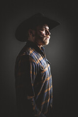 Rugged man in cowboy hat.  Studio session.