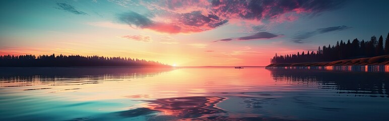 Fototapeta na wymiar Panoramic image of the sunset or the sunrise on a beautiful lake. Generative AI