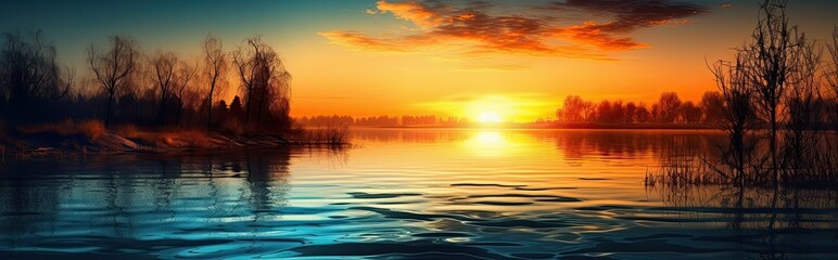 Fototapeta na wymiar Panoramic image of the sunset or the sunrise on a beautiful lake. Generative AI