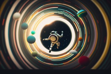 Black hole, many objects. Astronaut that is in space suit. Beautiful illustration picture. Generative AI