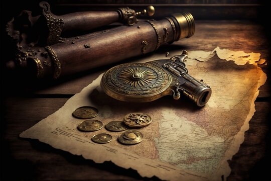 Ancient gun, gold coins and antique map on old wooden table, created with generative ai