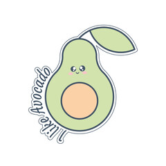 Sticker with cute cartoon Green Avocado with funny kawaii face on a white background