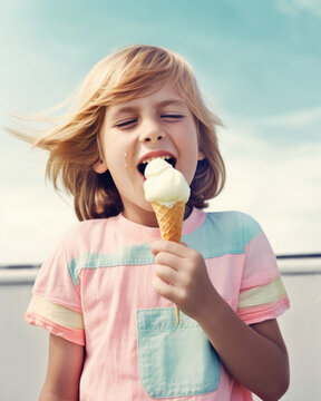 A sweet little child enjoying the summer sun, a delicious dessert, a melting ice cream cone. Summer refreshment and snacks on the beach. Generative AI.