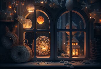 Christmas decorations on a winter holiday window. Frozen evening window, garlands, lanterns, Christmas tree. Holiday and fun atmosphere. Dark festive interior. 3D illustration. Generative AI