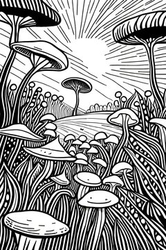 black and white background, background with the mushrooms and trees. © Muhammad