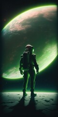 Beautiful view. Cosmonaut in space suit is discovering new places. Beautiful illustration picture. Generative AI