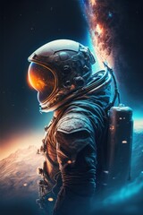 Fototapeta na wymiar In the cosmos. Cosmonaut in space suit. Beautiful illustration picture. Generative AI
