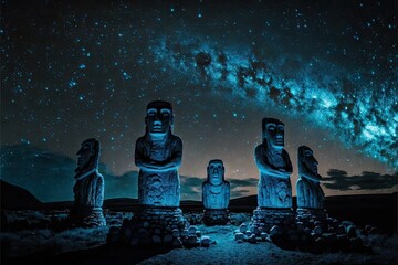 Mystical glowing blue Moai statues standing in circle at night, created with generative ai