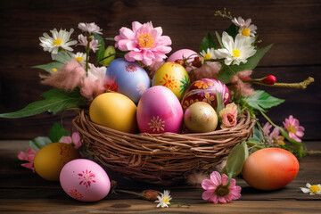 Obraz na płótnie Canvas Easter Holiday basket with colorful painted eggs, decorated with flowers, wooden background