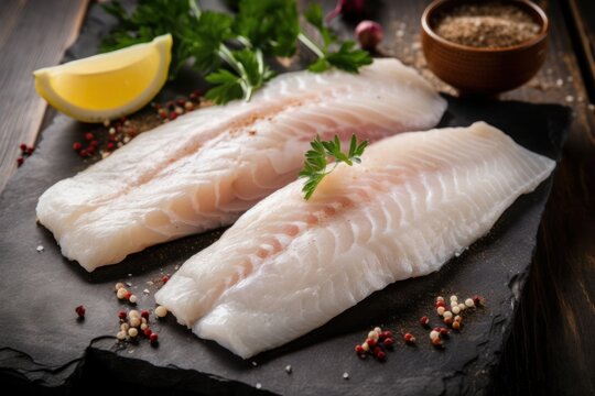 Delicious fillets of pollock fish with herbs, lemon, and pepper