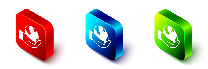 Isometric Human hand holding Earth globe icon isolated on white background. Save earth concept. Red, blue and green square button. Vector