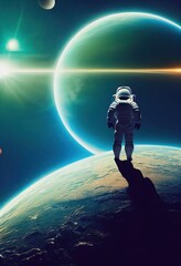 Fototapeta na wymiar View of the another planet. Cosmonaut in space suit. Beautiful illustration picture. Generative AI