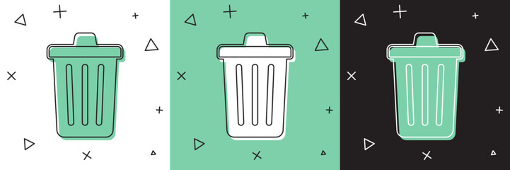Set Trash can icon isolated on white and green, black background. Garbage bin sign. Recycle basket icon. Office trash icon. Vector