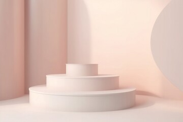 Obraz premium Three white product presentation podiums lined up. pink background. Generative AI