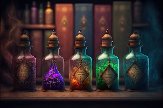 Various colorful vintage potion bottles on shelves in mystical potion shop, created with generative ai