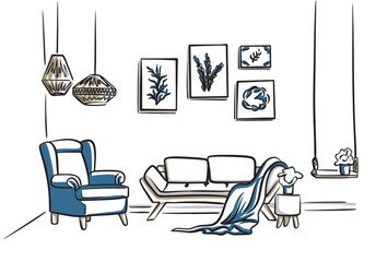 Vector Hand Drawn illustration of stylish modern interrior in blue colors  isolated on the white background. Armchair, sofa, paintings, chandeliers in boho style