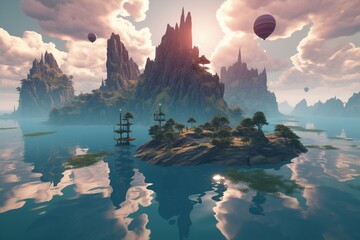 A surreal landscape with floating islands, Generative AI