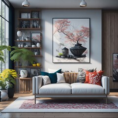 Photo of a cozy living room with elegant furniture and a colorful painting on the wall
