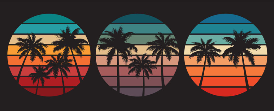 70s style striped sunsets retro background set collection. Abstract sunrise logos with palm trees. Vector illustration