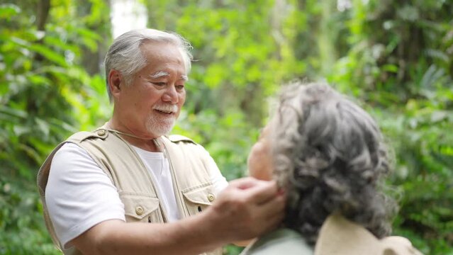 Happy Asian senior couple holding hands and walking together in tropical forest. Retired elderly people man and woman enjoy outdoor activity lifestyle travel nature hiking on summer holiday vacation.