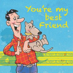 card design with cartoon dog and man