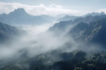 A mountain range with misty clouds, Generative AI