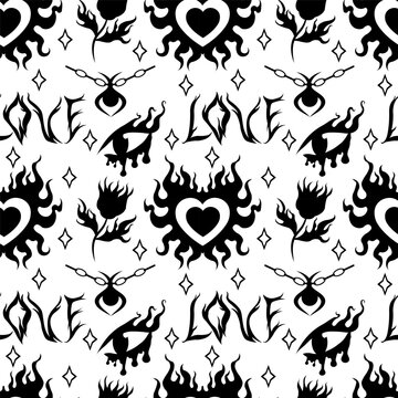 Flame Y2K Seamless fire pattern heart, flower, Psychedelic vector black background Retro Style. Funky summer abstract modern aesthetic print. Wall frame poster, banner or Social Media template. EPS