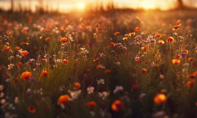 Colorful flower meadow with sunbeams and bokeh lights in summer - nature background banner with copy space - summer greeting card wildflowers spring concept © annebel146