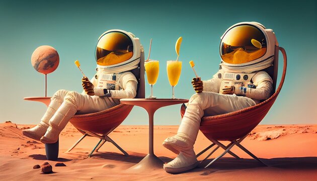 Astronaut explorers, couple resting on the planet mars, ground mountain landscape. Future research mission to colonize the red planet. Construction colony Starman. generative ai 