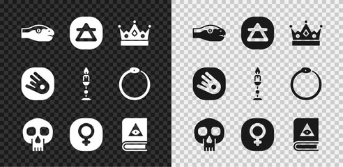 Set Snake, Air element, King crown, Skull, Venus, Ancient magic book, Comet falling down fast and Burning candle icon. Vector