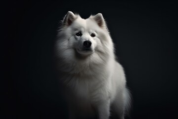Fototapeta premium Illustration of a Japanese Spitz Dog against a dramatic black background created with Generative AI technology