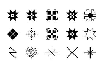 Set of geometric figures of ethnic embroidery. Tribal design. Ukrainian pattern. Ethnic ornament. Cross-stitch. Vector.