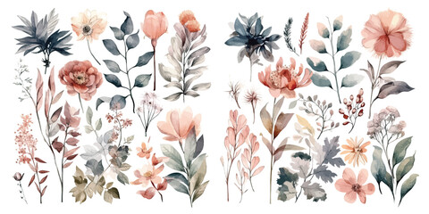 Set of watercolor flowers leaves and twigs on a white background