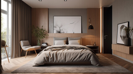présentation d'une chambre cosy et moderne avec un cadre mis en valeur en arrière plan.