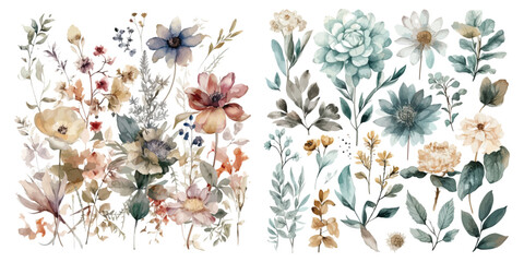 Set of watercolor flowers leaves and twigs on a white background