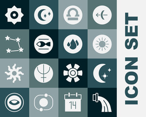 Set Aquarius zodiac, Moon and stars, Sun, Libra, Pisces, Star constellation, Falling and Water drop icon. Vector