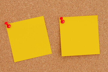 Two blank yellow sticky note on bulletin board