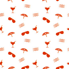 Summer seamless vector pattern with glasses, waves, cocktails, and parasols in orange and red color.