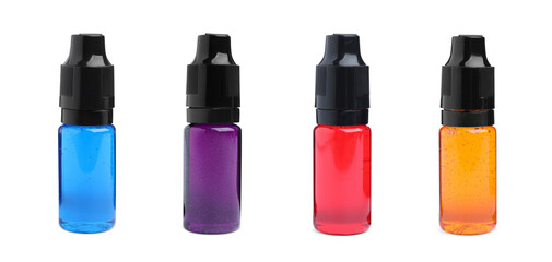 Obraz premium Collage of bottles with different food coloring isolated on white
