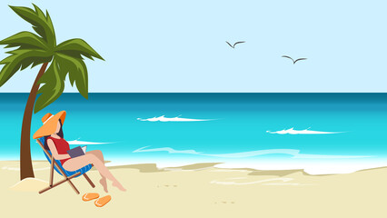 wallpaper with a paradisiacal landscape in which a woman in a swimsuit sunbathes on the beach while reading a book