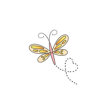dragonfly cartoo charater with happy smiling face and heart trail illustration isolated on a transparent bakground
