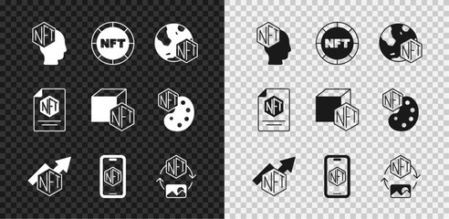 Obraz premium Set NFT Digital crypto art, growth bar chart, Mobile with store app, contract and icon. Vector