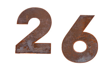 Rusty number 26 isolated on a white background. The original house address.