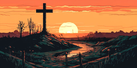 Calvary cross at sunset, a symbol of Christianity, generative AI.