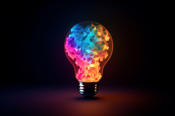 Generative AI illustration of Brainstorming, bright idea and creative thinking represented by a coloful glowing bulb lamp.
